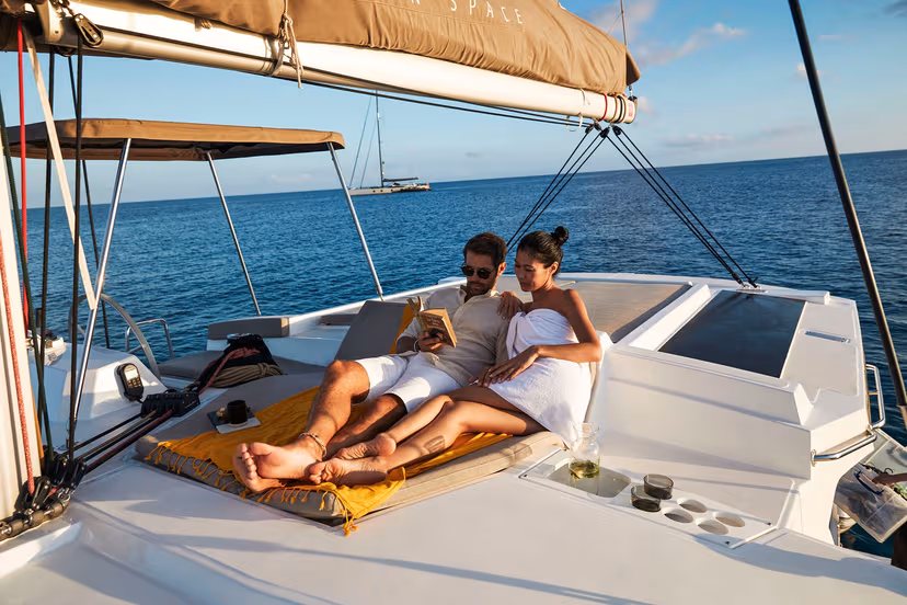 Couple relaxing on flybridge